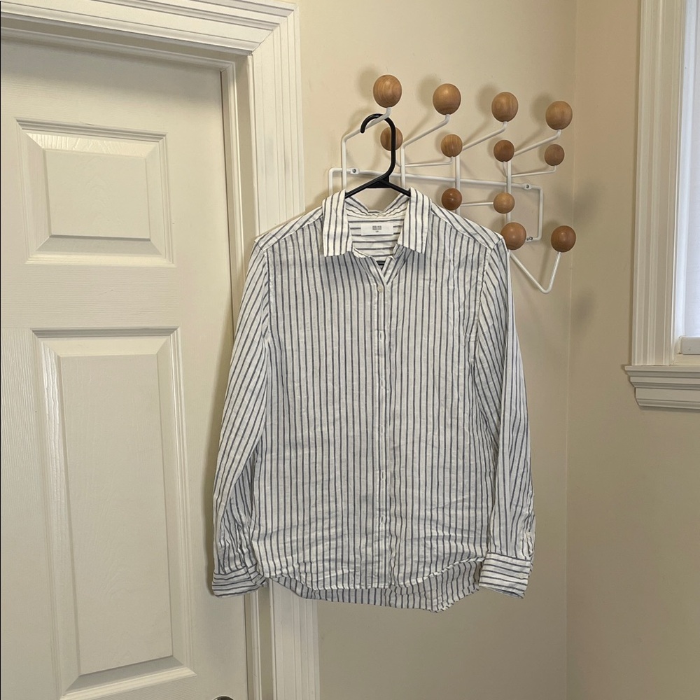 uniqlo Baggy Vertical Striped Button Down Linen Long Sleeve Shirt White Grey S